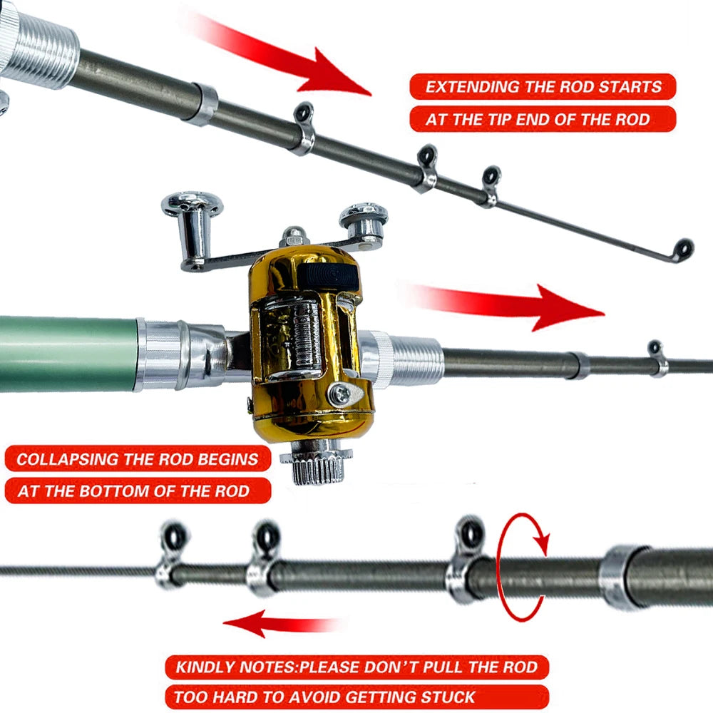 Asher Daniel Grand Outdoors: Mini Fishing Rod Reel Combo Set | Mini Telescopic Pocket Pen Fishing Rod | Pole + Reel