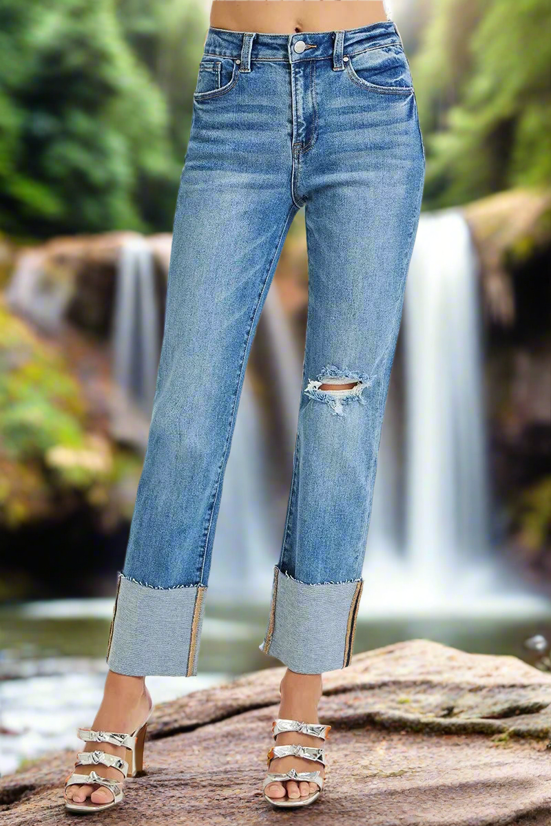 RISEN Full Size High Rise Ankle Straight Wide Cuffed Jeans
