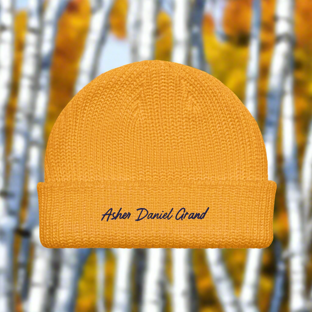 Asher Daniel Grand - 'Simply Grand' - Embroidered Ribbed Fisherman/woman beanie (Navy Stitch)