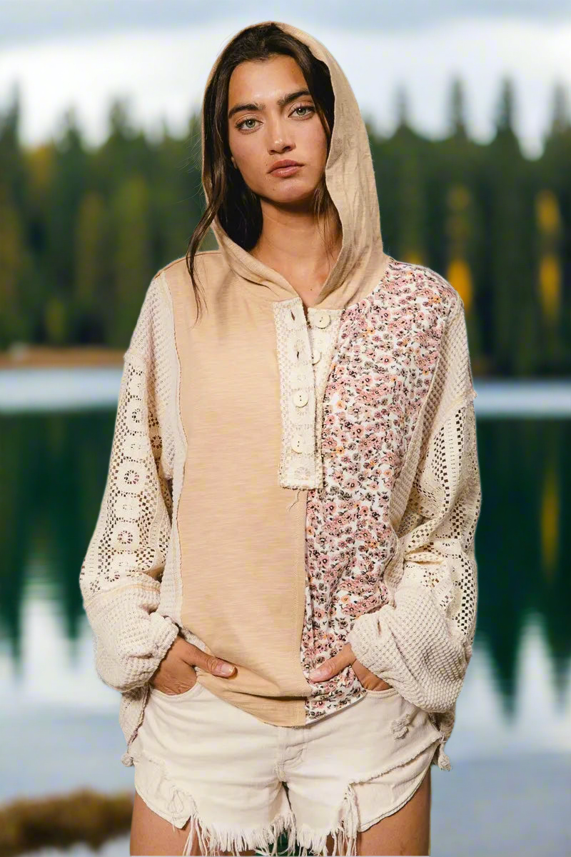 BiBi Slub Jersey with Lace Combo Buttoned Hoodie Top