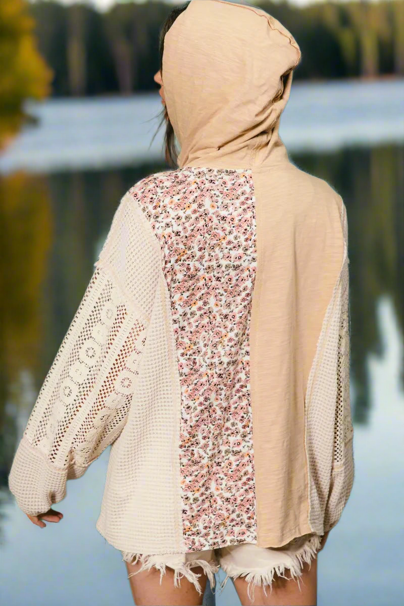 BiBi Slub Jersey with Lace Combo Buttoned Hoodie Top