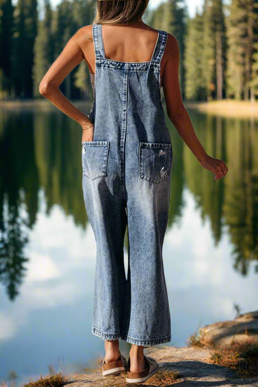 Distressed Bib Pocket Wide Leg Denim Overalls