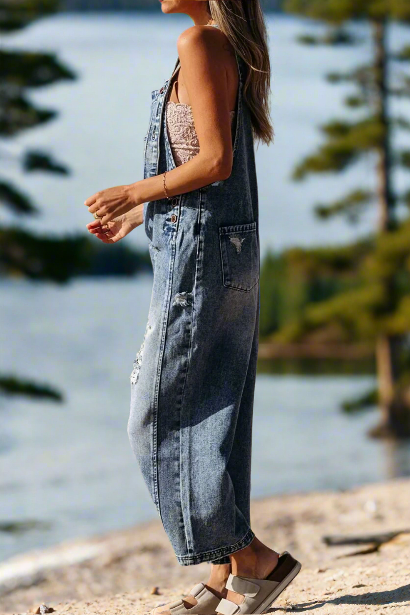 Distressed Bib Pocket Wide Leg Denim Overalls