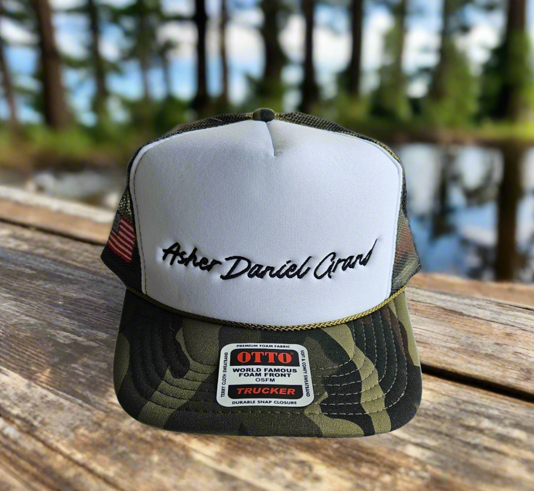 Asher Daniel Grand - 'Simply Grand' - Embroidered Premium Snapback Foam Trucker Cap (Camo/White/Black Stitch)