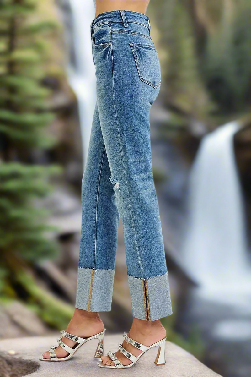 RISEN Full Size High Rise Ankle Straight Wide Cuffed Jeans
