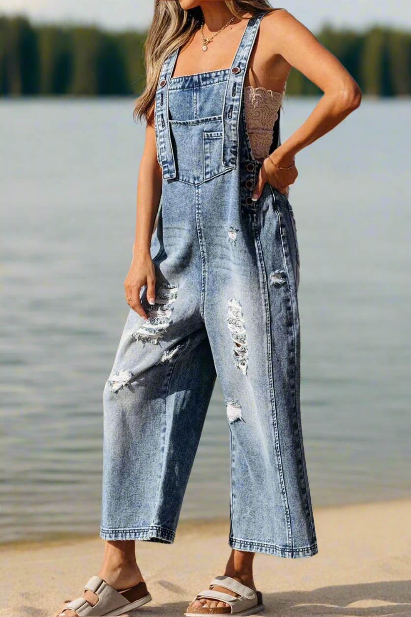 Distressed Bib Pocket Wide Leg Denim Overalls