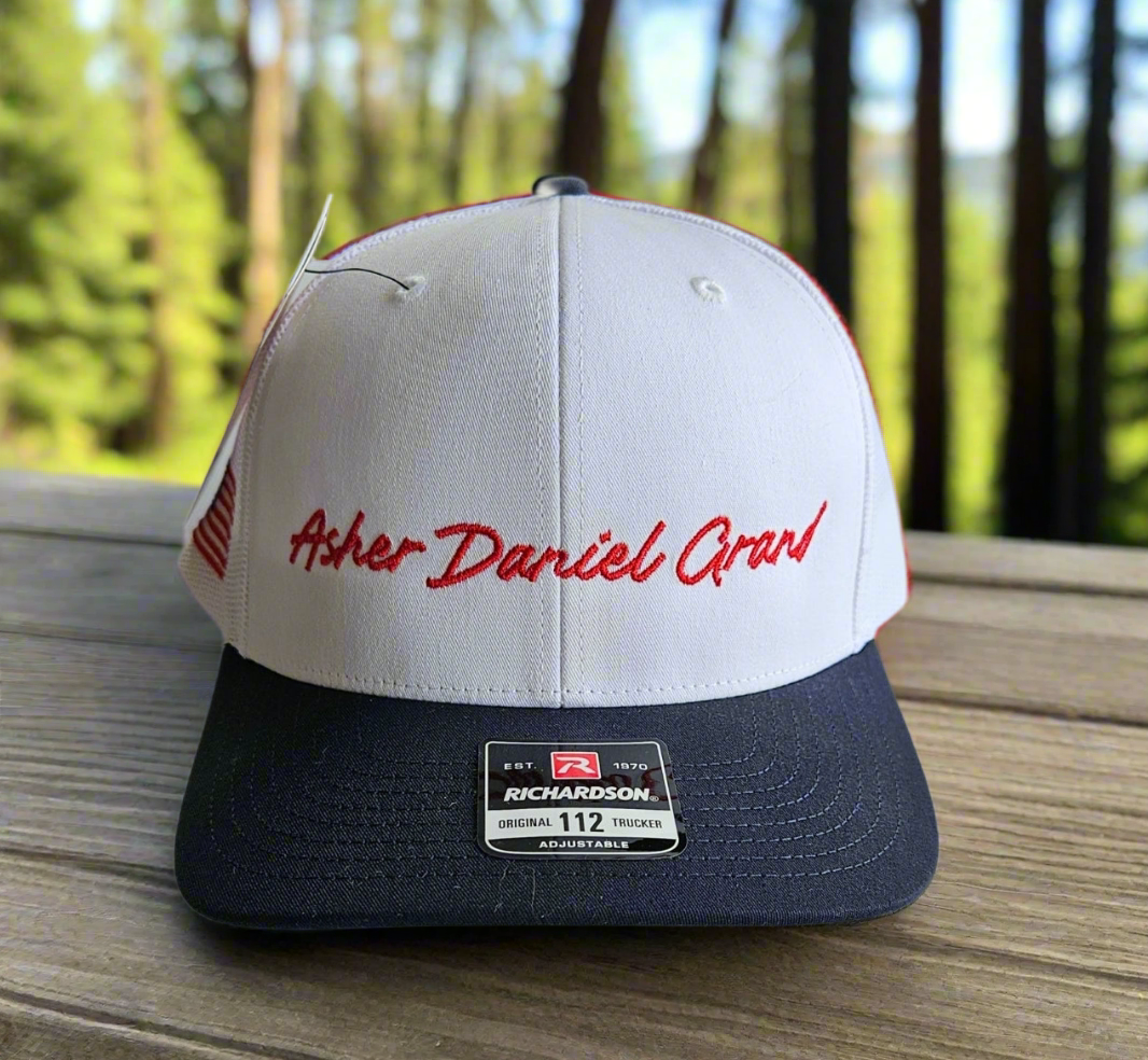 Asher Daniel Grand - 'Simply Grand' - Embroidered Snapback Trucker Cap (Navy/White/Red Stitch)