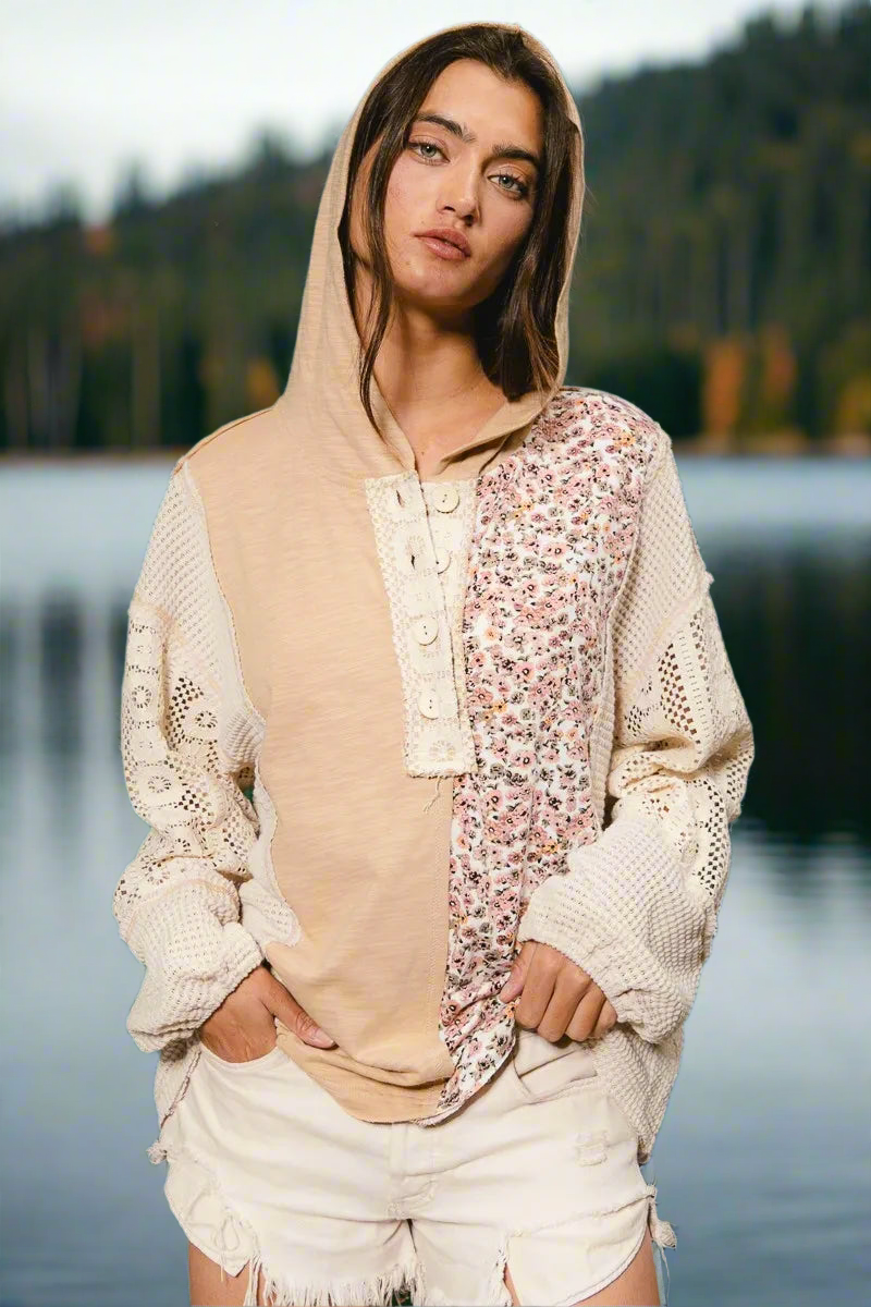 BiBi Slub Jersey with Lace Combo Buttoned Hoodie Top