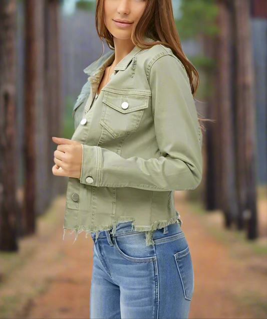RISEN Full Size Raw Hem Button Up Cropped Denim Jacket Plus Size