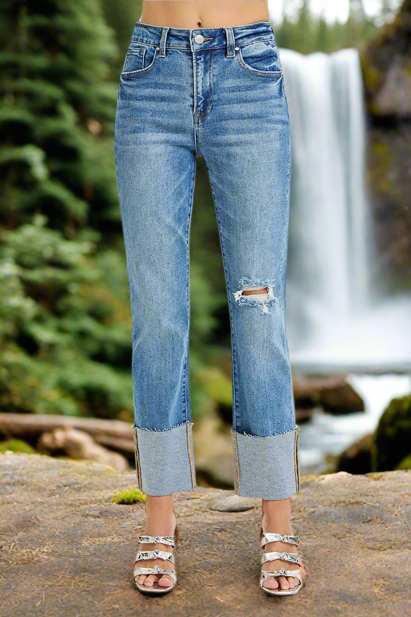RISEN Full Size High Rise Ankle Straight Wide Cuffed Jeans