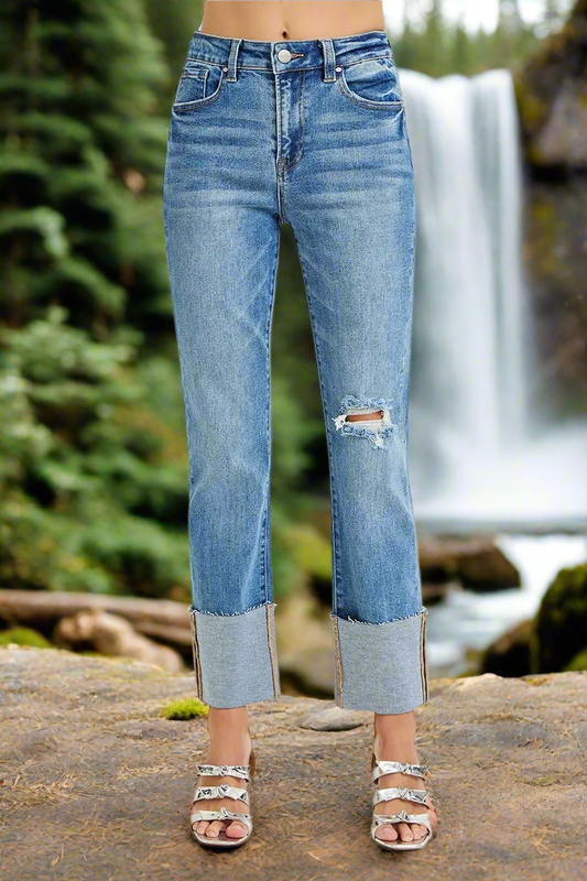 RISEN Full Size High Rise Ankle Straight Wide Cuffed Jeans