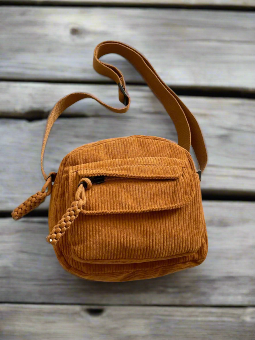 Corduroy Crossbody Bag with Adjustable Strap