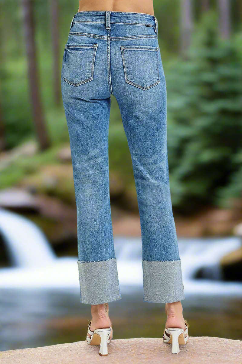 RISEN Full Size High Rise Ankle Straight Wide Cuffed Jeans