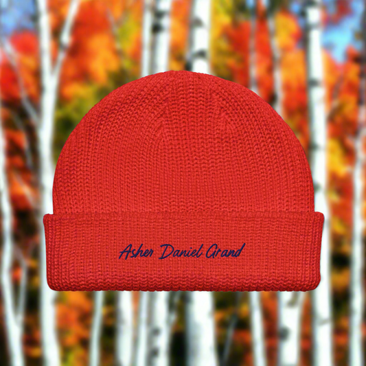 Asher Daniel Grand - 'Simply Grand' - Embroidered Ribbed Fisherman/woman beanie (Navy Stitch)