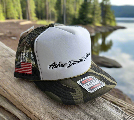 Asher Daniel Grand - 'Simply Grand' - Embroidered Premium Snapback Foam Trucker Cap (Camo/White/Black Stitch)
