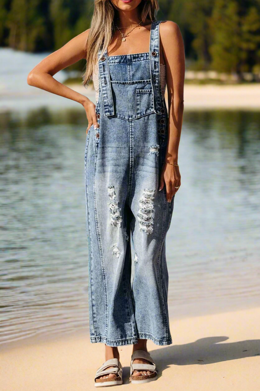 Distressed Bib Pocket Wide Leg Denim Overalls