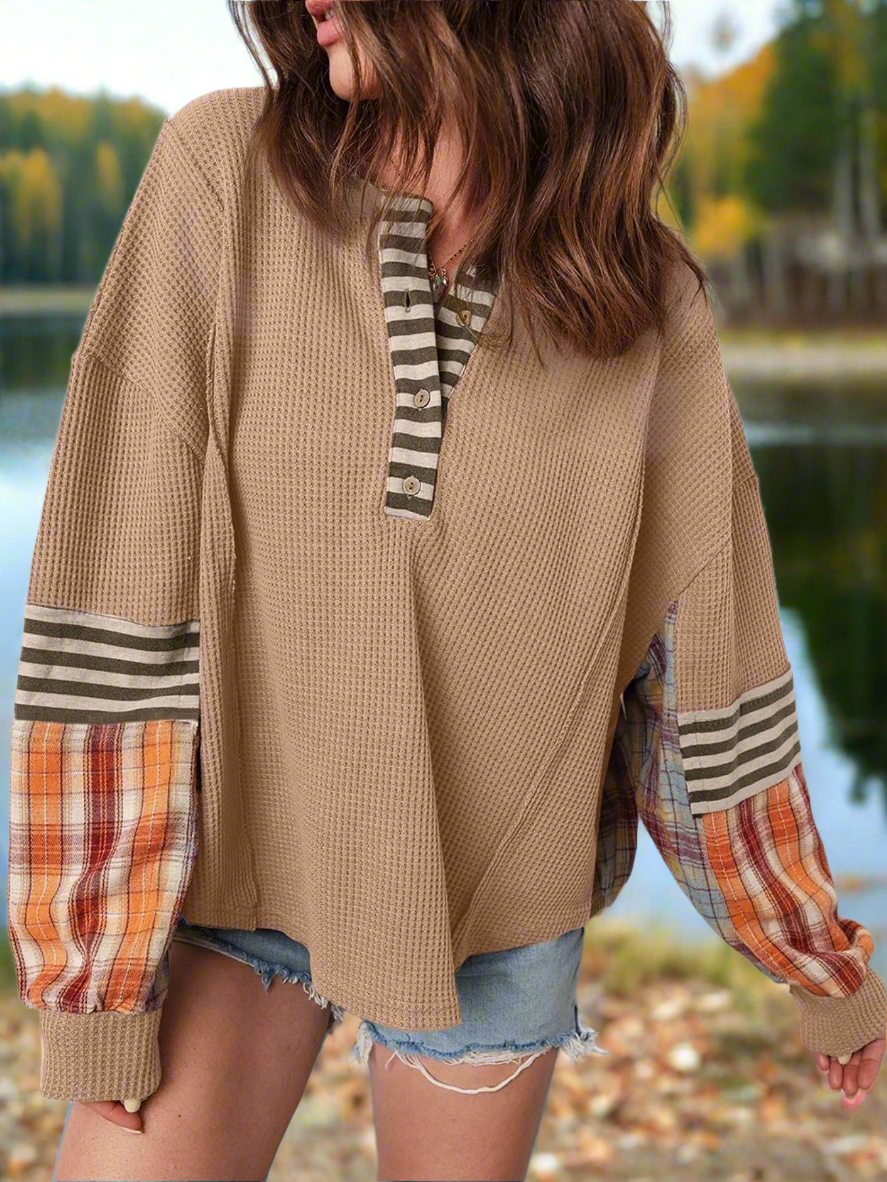 Waffle Stripe Plaid Patchwork Henley Knit Top