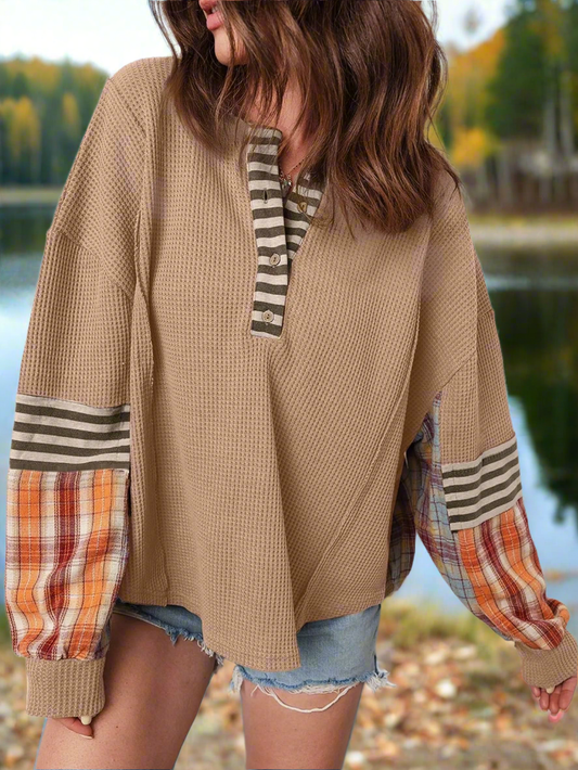 Waffle Stripe Plaid Patchwork Henley Knit Top