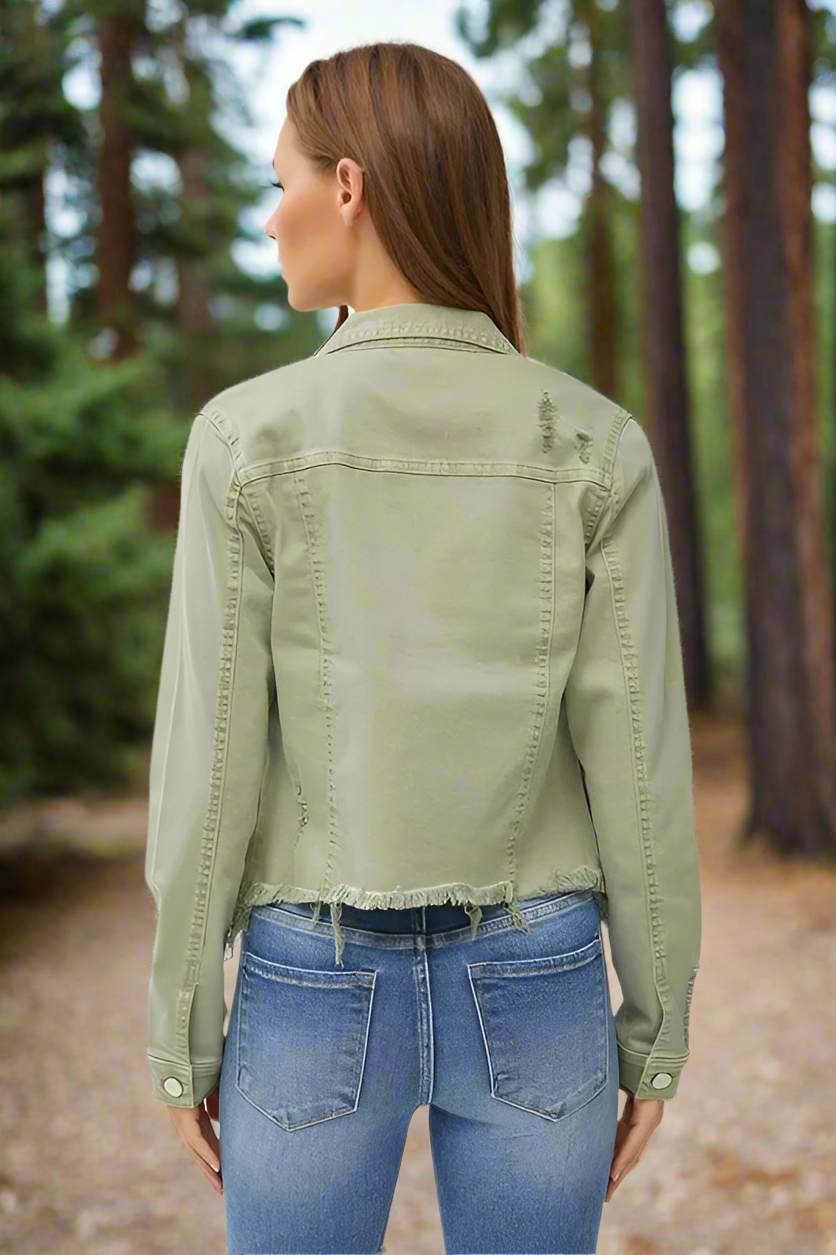 RISEN Full Size Raw Hem Button Up Cropped Denim Jacket Plus Size