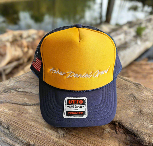 Asher Daniel Grand - 'Simply Grand' - Embroidered Premium Snapback Foam Trucker Cap (Navy/Gold/White Stitch)