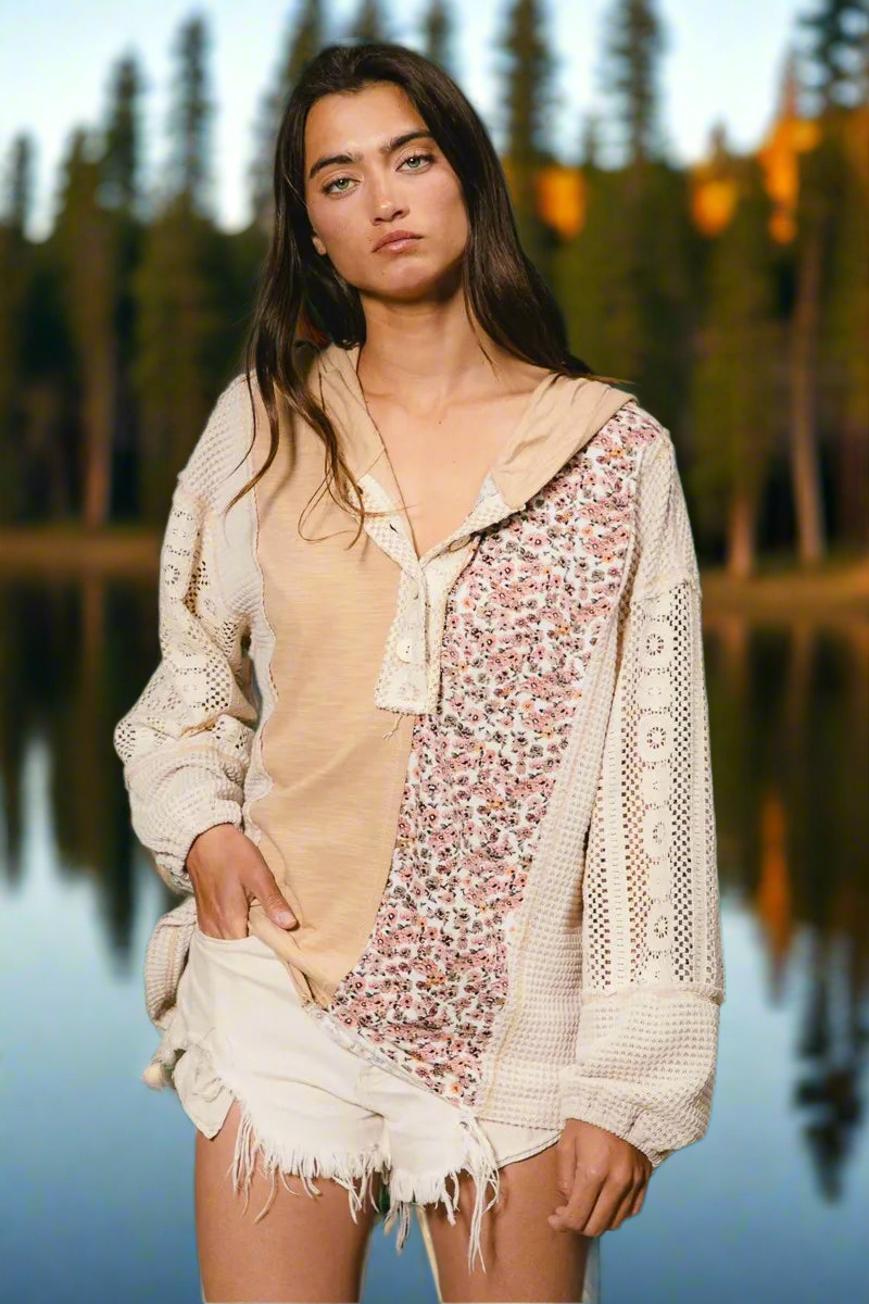 BiBi Slub Jersey with Lace Combo Buttoned Hoodie Top